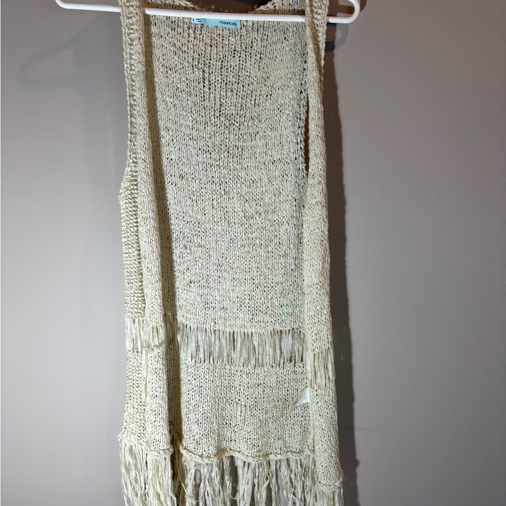 Maurices Open Knit Fringe Sweater Vest in Cream
